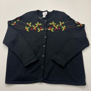 Breckenridge Woman’s 2X Black Cardigan with Embroidered Green and Red Accents